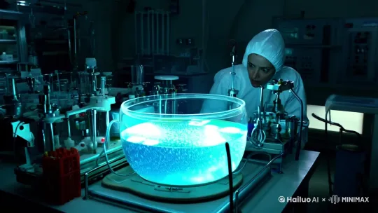 科学家身着防护服凝视培养皿，荧光液体在精密仪器间沸腾，诡异红光骤然迸射，实验舱警报声撕破死寂。[左摇,右移,推进] by Hailuo AI Video Generator