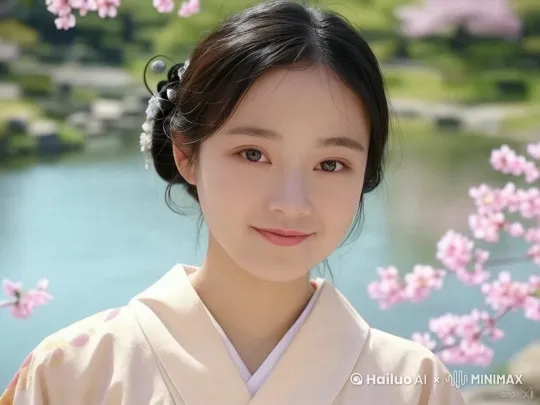 图中的女生在樱花公园游玩，生成一段视频，她周围有很多的樱花树，樱花瓣漫天飞舞 by Hailuo AI Video Generator