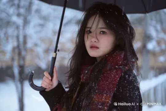 一个女孩缓慢抬头看向远方、飘着雪花、 by Hailuo AI Video Generator
