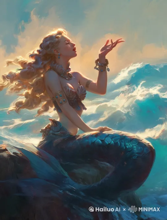 浪花流动，美人鱼的头发上下漂浮，美人鱼唱歌 by Hailuo AI Video Generator