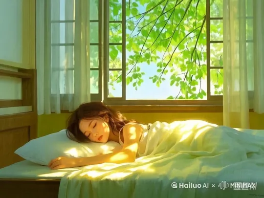 窗外嫩绿的叶子在微风中轻轻摇曳，地上光影斑驳，窗帘轻轻飘动，女子安安静静地睡觉，一动不动，镜头由左至右运镜 by Hailuo AI Video Generator