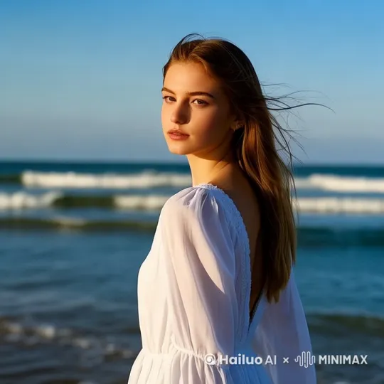 高画质，海风吹动女孩的头发，海浪也自然的涌动，慢动作，女孩保持侧脸，女孩眨一下眼睛，镜头慢慢推进女孩脸部，女孩露出迷人的微笑。 by Hailuo AI Video Generator