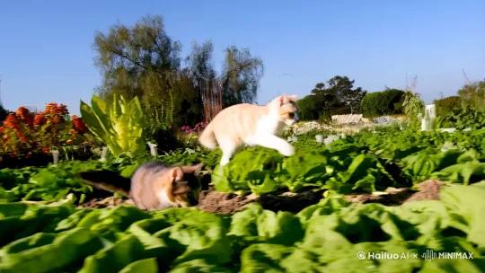 可爱的猫猫，猫妈妈跟猫宝宝在菜园里玩耍，蹦蹦跳跳 by Hailuo AI Video Generator