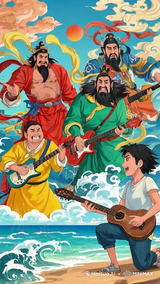 让小男孩弹着吉他领唱黄家驹的《海阔天空》，天空中的四位神仙一起弹着吉他合唱，然后小男孩缓缓站起身来，转身面向镜头单手举着吉他跳起来，后面的四位神仙挥手招呼，海水流动，云彩飞扬 by Hailuo AI Video Generator