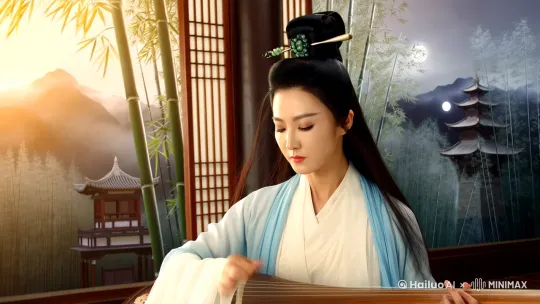1. 人物特征：
- 古装侠女任盈盈
- 经典武侠角色
- 抚琴动作特写
- 微笑表情
- 独立江湖气质

2. 装备与服饰：
- 青丝高束发髻
- 白色素雅襦裙
- 浅蓝色披帛
- 传统古琴演奏者装扮
- 玉簪步摇头饰

3. 场景元素：
- 竹林背景
- 远山薄雾
- 古风亭台楼阁
- 水墨风格山水
- 明月夜空

4. 光影效果：
- 柔光照射
- 银色月光洒落
- 窗棂透光剪影
- 温暖色调渲染

5. 动态细节：
- 指尖拨弦动作
- 琴弦微微颤动
- 飘动的发丝
- 披帛随风轻扬

6. 风格强化：
- 新国风水墨画风
- 电影质感光影
- 细腻的人物毛发
- 丝绸服装质感
- 传统工笔线条

附加提示词（可选择性添加）：
- 4K超清画质
- 电影级构图
- 极致写实风格
- 艺术化后期处理
- 东方美学韵味 by Hailuo AI Video Generator