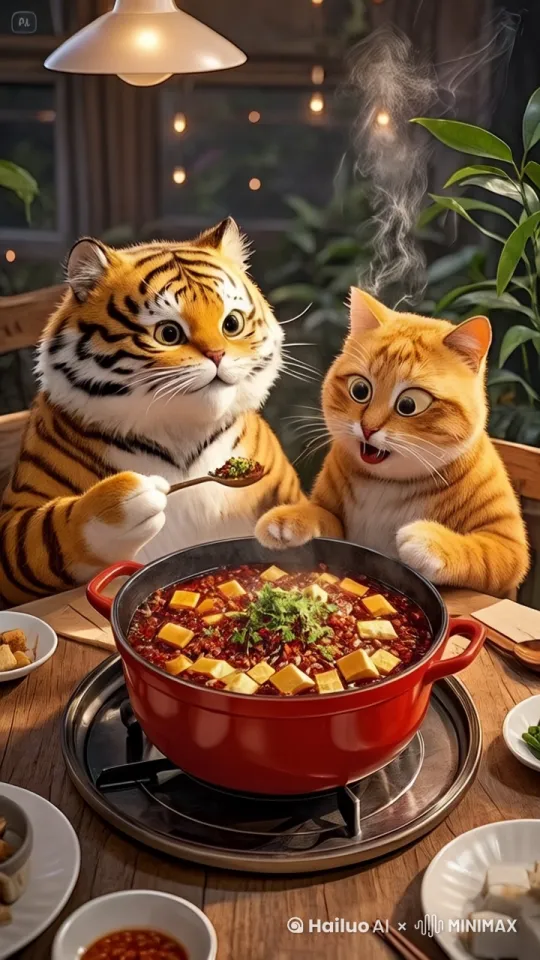 老虎拿着勺子喂胖橘猫吃，胖橘猫张大嘴巴的吃，开心地吃着麻辣豆腐，脸上露出满足的神情，画面渐暗。 by Hailuo AI Video Generator