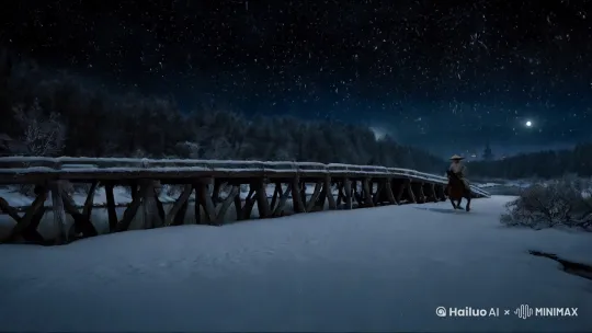 月夜，大雪纷飞，一男子身披蓑衣，头戴斗笠，腰挎佩剑，骑着马飞奔木桥上向城内进发，远处有森林，帮我生成火爆视频，时长为5秒，要求流畅自然， by Hailuo AI Video Generator