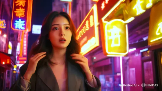 核心主体是站在霓虹灯下的女人，情绪动作是女人双手轻轻拢着头发，眼神迷茫，环境场景是充满港式招牌和灯光的街道，艺术风格为复古港风，氛围光线是昏黄的路灯灯光和霓虹灯的色彩交织，色调为暖黄色和紫红色为主。移镜头，从女人的左侧缓慢移到右侧，展现她所处的环境。 by Hailuo AI Video Generator
