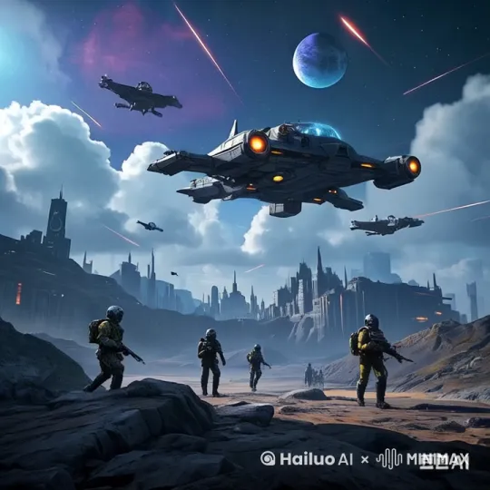 在外星球   有一个科幻的赛博城市    战机穿梭而过   地面有几个外星士兵在走路   士兵面对的是一个  镜头要动起来 场面宏大  by Hailuo AI Video Generator