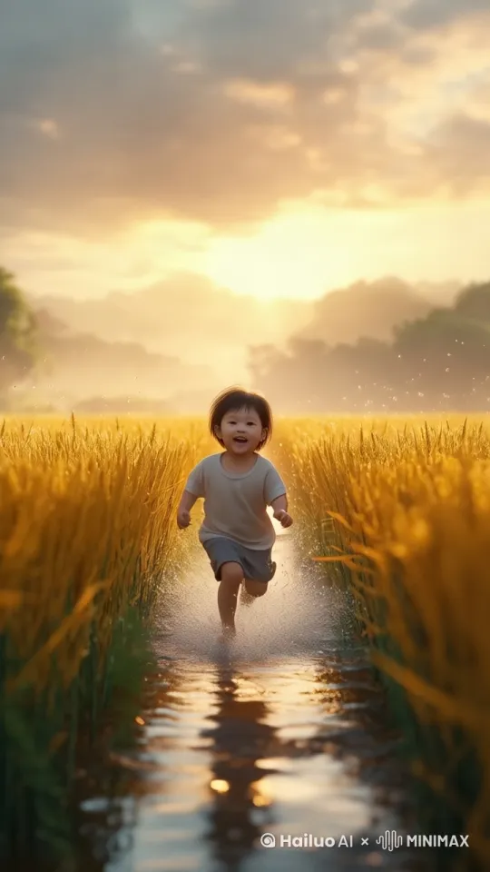 **Simplified Ghibli-Style Video Prompt:**  
"Ghibli-inspired animation style, 8K HDR, warm golden sunrise lighting, high saturation colors. Asian child running barefoot on gravel path through rice fields, dynamic water splashes from puddles, waist-high cosmos flowers swaying in wind, distant rotating windmill. Soft cel-shading with visible brush strokes, shallow depth of field, atmospheric mist, prismatic light reflections. Slow-motion capture (48fps), cinematic 24fps output, anamorphic 2.35:1 ratio. Nostalgic and magical atmosphere with floating pollen particles." by Hailuo AI Video Generator