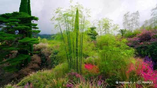 瑶草奇花不谢，青松翠柏长春。仙桃常结果，修竹每留云。一条涧壑藤萝密，四面原堤草色新。 by Hailuo AI Video Generator