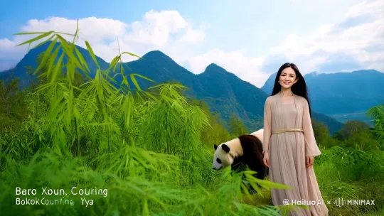 丰满大胸美女，长发飘飘，站在雅安宝兴县山里，一片竹林。大熊猫在旁边大口吃竹笋，远处山顶上蓝天白云。画面自然真实流畅，超高清画质，镜头360℃环绕拉远拍摄 by Hailuo AI Video Generator