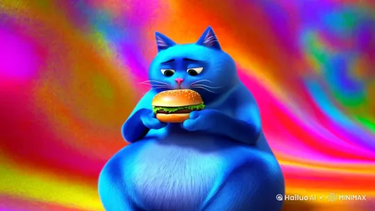 一个很胖的蓝猫吃麦当劳 by Hailuo AI Video Generator