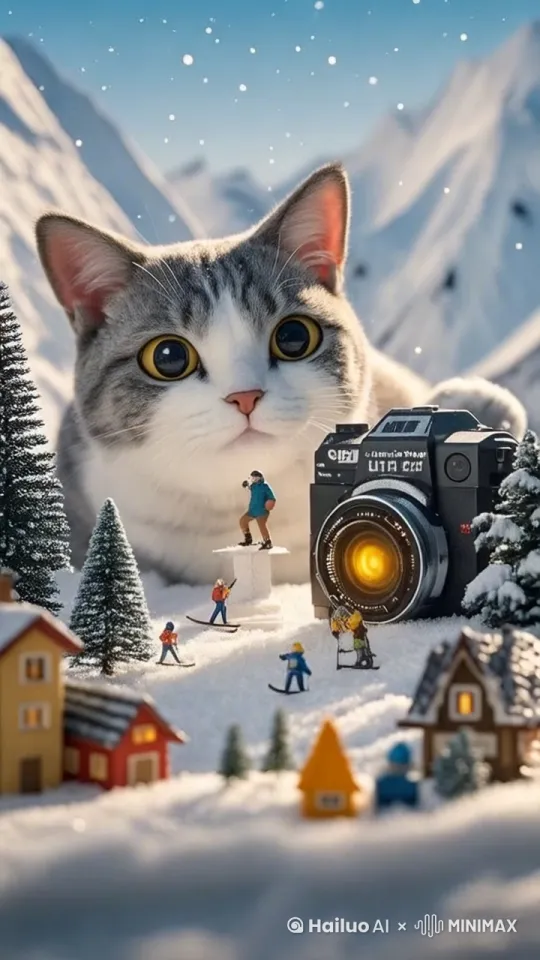 猫咪的眼睛眨眨巴巴,动了动耳朵,小人也动起来,开始转着圏滑雪,外景:天上飘起了雪花 by Hailuo AI Video Generator