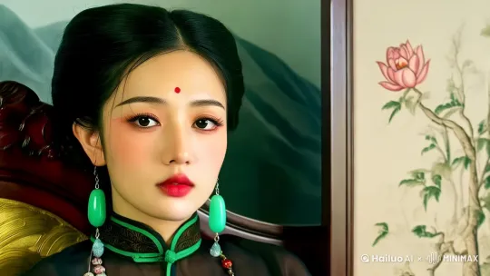 黛青细眉如远山含雾，末端隐入云鬓。丹凤眼尾缀着金粉勾勒的翎羽纹，瞳孔在树影里呈现琥珀色渐变。鼻尖悬着细密的汗珠，随呼吸在唇上那颗朱砂痣旁明灭。耳垂坠着翡翠滴水耳珰，晃动时在颈侧投下孔雀蓝的光斑。；鸦青色真丝旗袍沿肩线流淌而下，前襟盘扣蜷成银丝睡莲。肘部半透的薄纱下，隐约可见小臂内侧淡青血管如雨落海棠枝。腰侧裂帛式开衩处，羊脂玉禁步垂落五色璎珞，随步摇发出碎冰轻碰声。
美人斜倚朱漆描金美人，靠旗袍深开叉处透出诱人的玉腿，背后六折屏风绘有孔雀衔牡丹图。左手慵懒搭着青瓷冰裂纹茶盏，指尖丹蔻与盏中碧螺春嫩芽相映。右侧青铜冰鉴腾起白雾，雾丝缠上鎏金护甲，在琉璃窗透入的夕照中折射出虹晕。
足赤翘在湘妃竹榻边，脚链银铃半埋进石榴红绫罗软垫 ；发间累丝金凤簪翅翼微颤，凤喙垂落的珍珠正巧触碰锁骨凹陷 ；裙裾堆叠处滑落半卷《牡丹亭》，书页被穿堂风掀起时露出眉批小楷  
 by Hailuo AI Video Generator