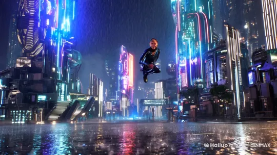 赛博少女在雨中的智能机械都市中跑酷穿梭 by Hailuo AI Video Generator