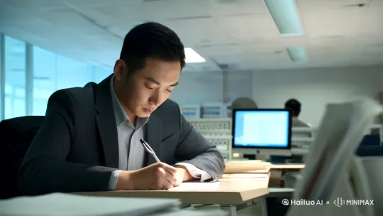 何松是我们公司研究部的同事，他是负责写报告的。生成一个他在办公室写报告的视频，写着写着头上冒烟那种。 by Hailuo AI Video Generator