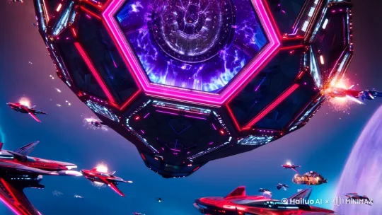 "Ultra-detailed cosmic battlefield, colossal alien hive mothership with quantum vortex core, hexagonal energy shield glowing with dark purple plasma, swarms of shape-shifting delta-wing fighters emitting anti-matter trails, nanotech weapon systems transforming between liquid metal blades and energy cannons, catastrophic black hole singularity forming from overloaded core, cyberpunk color scheme with neon blue and crimson accents, dynamic camera angles with dramatic dolly zoom, hyper-realistic particle effects, 8k resolution, trending on ArtStation, Unreal Engine cinematic lighting, volumetric nebula clouds, extreme technological warfare aesthetic" by Hailuo AI Video Generator