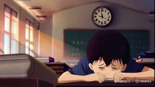 学校八点，晚自习。
  因为昨天看论坛那个故事看的太晚的缘故，杨间第二天上学整天都打着哈欠，没精打采，每每想要上课睡觉，脑袋之中总是不经意间冒出了那张老人照片，迷糊之间似乎又感觉到了那一双空洞，死寂般的骇然眼睛在某处盯着自己看。
  一个激灵，又恢复了精神。
  “又睡不着，那照片当真邪门了。”
  “嘿，嘿嘿，杨间借一部说话。” by Hailuo AI Video Generator