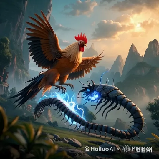 大公鸡率先发动攻击，它猛地扑向蜈蚣，双脚抓向蜈蚣，。蜈蚣则灵活地扭动身躯，用坚硬的外壳抵挡大公鸡的攻击，同时用自己的利脚试图划伤大公鸡。大公鸡每一次攻击都精准而有力，蜈蚣也不甘示弱，利用自己的身体优势进行反击。 by Hailuo AI Video Generator