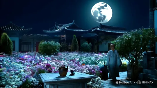全景	明月高悬于静谧夜空，洒下清冷光辉。繁华长安城的一角，古雅庭院中，[下降,上摇]石桌置于花丛间，桌上摆着一壶酒、一只酒杯。李白身着宽松素袍，头戴纶巾，独自缓缓步入庭院，神色略显落寞。	旁白：“明月高悬，长安城的喧嚣似乎也无法驱散这深深的寂寥。”	5s  画面整体色调偏冷，月光清晰照亮庭院，花丛朦胧，营造出静谧又略带孤寂的氛围。 by Hailuo AI Video Generator