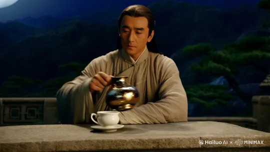 中景	李白在石桌前缓缓坐下，轻轻拿起酒壶，将美酒斟满酒杯。他凝视着杯中酒，酒液在月光下闪烁微光，随后微微仰头，轻嗅酒香。	李白：“花间一壶酒，独酌无相亲。”	6s	画面聚焦在李白手部动作及酒杯，酒液反射月光，色调柔和，突出李白专注神情。 by Hailuo AI Video Generator