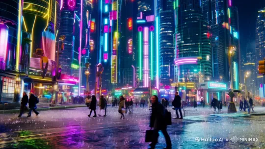 - **风格化图片**  
  ```text
  未来城市夜景，赛博朋克风格，霓虹灯光，雨夜街道，机械义肢的行人，4K超现实渲染 --ar 16:9 by Hailuo AI Video Generator