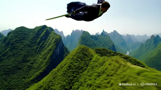 御剑飞行第一视角，衣角翻飞，穿越在翠绿的山巅，山脉之间有溪流，两秒后镜头环绕主角切换成第三视角，要提现出快速御剑飞行，不要穿模高清画质[跟随] by Hailuo AI Video Generator