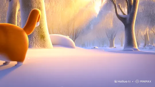 一片银装素裹的森林，树木被厚厚的积雪覆盖，阳光透过枝叶的缝隙洒在雪地上，形成一道道金色的光柱。一只橘白相间的猫咪站在一棵大树下，身上的毛发蓬松，耳朵警觉地竖起，眼睛好奇地打量着四周。猫咪抬起一只爪子，试探性地踩在雪地上，留下一个小小的梅花印，随后它抖了抖身子，像是在给自己打气猫咪突然撒开腿，在雪地里奔跑起来，它的尾巴高高翘起，身体轻盈地穿梭在树木之间。猫咪奔跑时，雪地上溅起的雪花，每一片都晶莹剔透。猫咪跑到一条结冰的小溪边，它停下来，看着溪面上自己的倒影，用爪子轻轻触碰冰面。猫咪继续奔跑，它的身影在森林中越来越小，而周围的雪地森林依旧美丽而宁静。 by Hailuo AI Video Generator