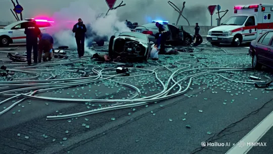 A highly detailed realistic photograph of a catastrophic car crash scene, twisted metal debris, shattered glass fragments, scattered vehicle parts, smoke rising from the engine compartment, skid marks on asphalt road, paramedics attending to injured individuals, flashing emergency lights from police cars and ambulances, broken traffic signs in background, overcast sky with diffused natural light, 8K resolution captured with Canon EOS R3, f/8 aperture for maximum depth of field, 1/250s shutter speed, ISO 400, realistic texture details on cracked asphalt and dented metal surfaces, dynamic composition with visible tire tracks and fluid spills. by Hailuo AI Video Generator