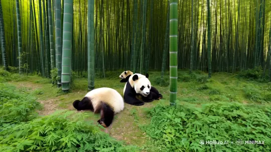 它们生活在茂密的竹林中，以竹子为主要食物来源，偶尔也会吃些其他植物和小量昆虫。大熊猫的日常生活悠闲自在，常常以爬树、打滚和慢条斯理地进食为乐，展现出一种与世无争的恬淡气质。[左移,上升] by Hailuo AI Video Generator