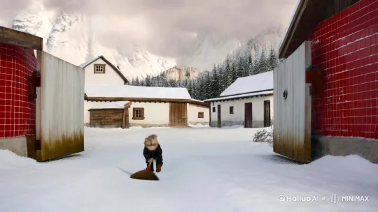 创意描述

分镜头 扫雪  画面 北方山村大的雪后场景，天阴沉 一座红瓦‘白墙的农场小院，一只拟人化美短猫穿着吊带牛仔裤，黑山皮夹克 小皮靴 两手握住着扫把 在大门外，开始扫雪  ， 拍摄地点：农场大门外的道路   远景 到近景 by Hailuo AI Video Generator