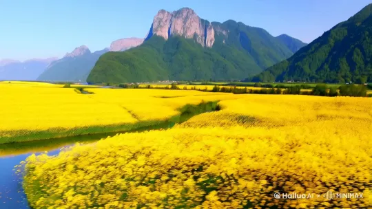 | **0-2s** | **开场**:航拍俯冲镜头——青山脚下的大片油菜花田,河流如丝带般穿过 | 加速俯冲 + 渐亮效果 | 震撼开场,点明环境 |
| **2-4s** | **近景**:低角度拍摄油菜花随风摆动,背景虚化的远山轮廓 | 横向慢移 + 花瓣飘落特效 | 突出花田动态美感 |
| **4-6s** | **倒影**:水面倒影镜头(蓝天、花田、山峦),蜻蜓点水掠过 | 镜像翻转 + 涟漪扩散 | 增强画面诗意与层次 |
| **6-8s** | **人文**:花田小径上人物背影(或农夫劳作),镜头推向远方山水 | 跟随变焦 + 轻微动态模糊 | 增加故事性与纵深感 |
| **8-10s**| **收尾**:夕阳下的全景(花田+山+河),画面渐暗出LOGO/标题 | 拉远镜头 + 暖色滤镜 | 温暖收官,强化记忆点 | by Hailuo AI Video Generator