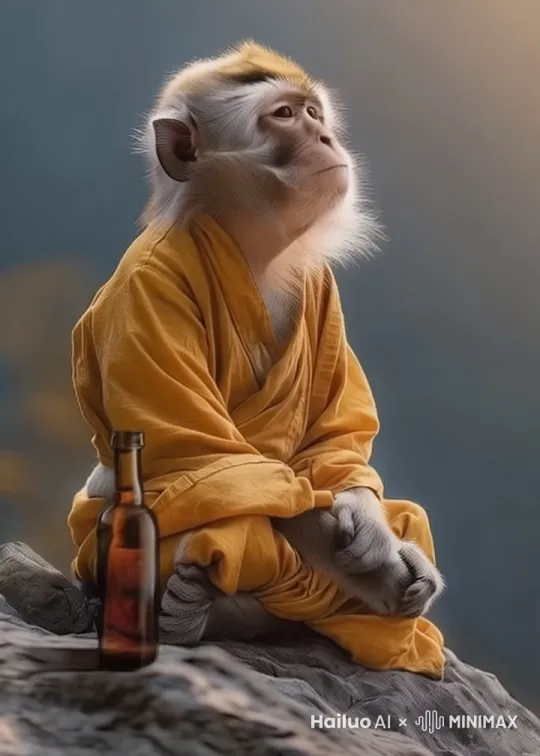 猴子看天长叹后拿起右边的酒瓶喝解闷 by Hailuo AI Video Generator