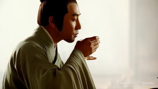 苏轼侧影举杯（工笔游丝描衣纹），酒液洒出化作墨点 | 环绕 | 酒滴变仙鹤用`ebsynth变形关键帧` | by Hailuo AI Video Generator