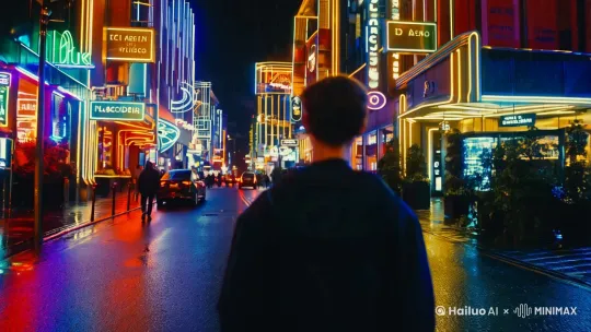 霓虹城市，跟随镜头，人物背对，青年男性，4k，逼真，小雨天气，电影感，高亮度，穿梭街头，电影色调[跟随] by Hailuo AI Video Generator