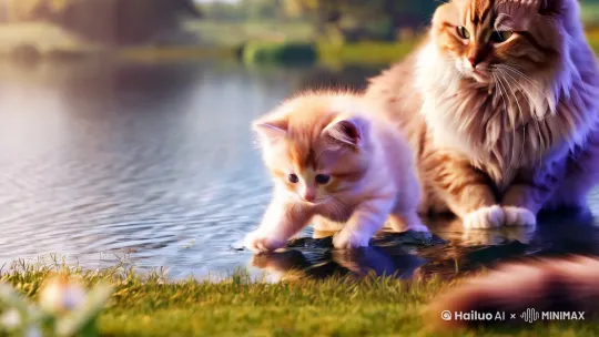 小猫钓鱼，猫妈妈在旁边看着，cg画质 by Hailuo AI Video Generator