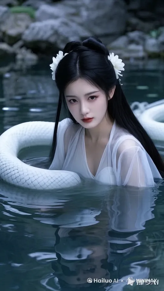 美女扭动脑袋变成大白蛇，头和身体都变成蛇的头he 身体 by Hailuo AI Video Generator