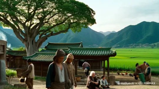 背景：一个宁静的古代中国村庄，远处是连绵的青山和广阔的稻田。村庄里有几座传统的木结构房屋，屋顶覆盖着青瓦。
前景：村庄中央有一棵巨大的榕树，树下坐着一位白发苍苍的老人和一个好奇的小男孩。榕树的枝叶茂盛，投下大片的阴凉。
细节：村庄里可以看到村民在田间劳作，有的在挑水，有的在喂鸡。炊烟袅袅升起，空气中弥漫着淡淡的柴火香气。[右移,左摇,跟随] by Hailuo AI Video Generator