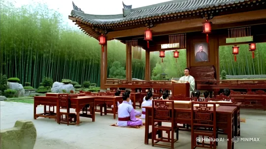 画面描述：

背景：一座传统的中国学堂，木质结构，屋檐下挂着灯笼。学堂内摆放着几排木制桌椅，墙上挂着孔子画像。
前景：孔子坐在讲台前，手持竹简，正在给一群年轻的弟子讲课。弟子们身穿传统汉服，席地而坐，认真听讲。
细节：学堂外可以看到竹林和假山，环境清幽。
旁白：
“在中国古代，有一位伟大的思想家，他叫孔子。他的教诲影响了中国几千年。孔子提倡‘仁’和‘礼’，教导人们要仁爱、尊重他人。”[推进,上升] by Hailuo AI Video Generator