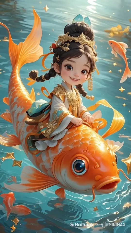 小女孩笑了，鱼飘动，背景动力，围绕主体运镜 by Hailuo AI Video Generator
