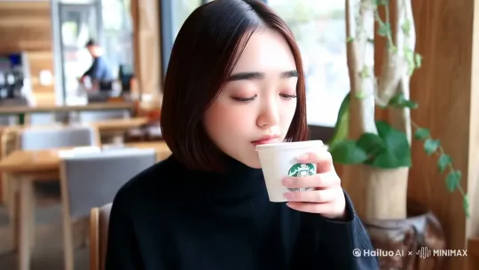 生成一个写实视频，主角是一个女生，场景在星巴克，女生正在喝咖啡，表现出困倦的表情并打哈欠，整体氛围轻松愉快 by Hailuo AI Video Generator