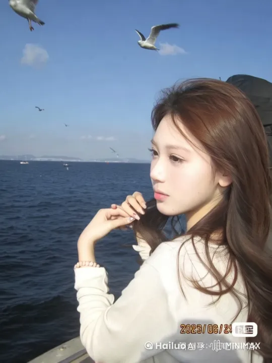 海鸥飞走了，海水轻轻荡漾，女生眼睛看向镜头，脸慢慢转过来，露出正脸并微笑，头发被海风轻轻吹动 by Hailuo AI Video Generator