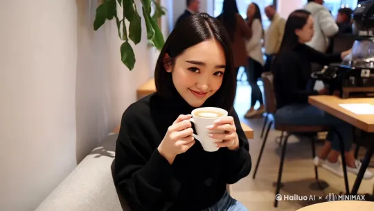 生成一个写实视频，主角是一个女生，场景在星巴克，女生正在喝咖啡，看着手机，整体氛围轻松愉快，后面人排队买咖啡 by Hailuo AI Video Generator