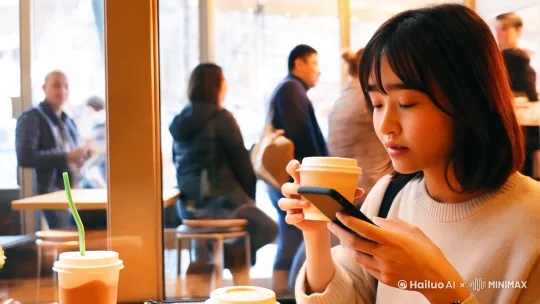生成一个写实视频，主角是一个女生，场景在星巴克，女生正在喝咖啡，看着手机，整体氛围轻松愉快，后面人排队买咖啡 by Hailuo AI Video Generator
