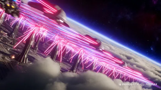 【基础参数】  
- 主题：未来星际战场，人类舰队 vs 外星机甲军团  
- 时长：30秒  
- 风格：赛博朋克光影 + 史诗级太空战争  
- 节奏：快切战斗（0-15秒） → 慢镜高潮（15-25秒） → 悬念收尾（25-30秒）  

---

 【分镜运镜指令】  
1. 开场（0-5秒）  
   - 镜头：广角俯冲视角，从太空穿透云层俯拍未来城市废墟，地表布满巨型能量炮塔（红蓝激光交错扫射）。  
   - 运镜：急速下坠 + 镜头轻微晃动（模拟战舰俯冲抖动），背景音效为引擎轰鸣与爆炸声。  

2. 冲突升级（5-15秒）  
   - 镜头A（5-8秒）：低角度仰视人类机甲战士（机械臂搭载等离子刀）与外星三足机甲近战，火花飞溅。  
     - 运镜：环绕360°拍摄战斗，0.5倍速突出刀光轨迹。  
   - 镜头B（8-12秒）：切至第一视角，从机甲驾驶舱内看到敌方舰队密集激光弹幕袭来。  
     - 运镜：快速左右闪避晃动 + 屏幕红光警报闪烁。  
   - 镜头C（12-15秒）：高空俯瞰战场，人类母舰释放EMP冲击波（环形蓝色能量扩散），外星机甲短暂瘫痪。  
     - 运镜：镜头后拉至太空，定格0.5秒后突然加速变焦到冲击波中心。  

3. 高潮对峙（15-25秒）  
   - 镜头：慢动作特写人类指挥官（面部半机械义体）按下红色按钮，母舰主炮蓄能（镜头聚焦炮口金色能量凝聚）。  
   - 运镜：推进式变焦（Dolly Zoom），背景逐渐模糊扭曲，蓄能声效逐级增强。  

4. 悬念结尾（25-30秒）  
   - 镜头：黑屏2秒，仅留主炮发射的尖锐音效 → 突然切至外星母舰内部，阴影中睁开数十只红色机械眼（暗示未被消灭）。  
   - 运镜：静态固定镜头 + 红色瞳孔逐渐亮起（伴随低频震动音效）。  

---

 【补充特效指令】  
- 光影：冷色调（蓝紫为主）战场 + 高饱和能量武器光效（红/金对比）。  
- 细节：添加太空尘埃粒子、机甲磨损纹理、激光折射光斑。  
- 音效：电子合成器战歌（0-15秒） → 蓄能低频嗡鸣（15-25秒） → 寂静后机械回声（25-30秒）。  

【输出示例参考】  
> "镜头从爆炸烟尘中快速拉升，展现残破的星际堡垒与悬浮的机甲残骸，背景同步闪现战术全息地图（数据流绿色特效），最后定格在外星母舰裂缝中渗出的未知生物触须（2秒特写）" by Hailuo AI Video Generator