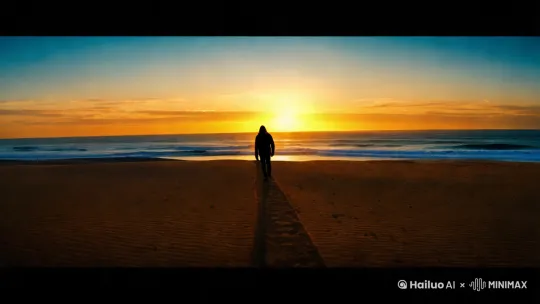 一个孤独的人在日落时分的荒凉海岸线上行走，海浪轻轻拍打着岸边，金色和橙色的色调与深蓝色交织，地平线柔焦，电影级广角镜头，高度细节，8K分辨率，超现实主义，忧郁氛围，--v 5 --ar 16:9` by Hailuo AI Video Generator