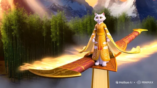 A white cat with black stripes, wearing golden embroidered Hanfu, standing on a giant flying sword, ancient Chinese fairy style, flowing ribbons and cloud patterns around, bamboo forest and snow-capped mountains in the background, soft ink painting texture, morning mist with sun rays, detailed facial expression with round yellow-green eyes, dynamic perspective with sword light trailing by Hailuo AI Video Generator