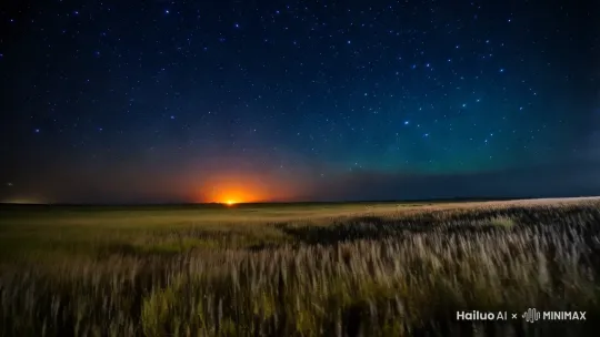 繁星闪烁的夜空下，一片宁静的草原，微风轻拂，草浪起伏 by Hailuo AI Video Generator