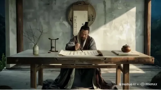 图中人物用毛笔在桌面上的宣纸上快速的写字，写字的顺序是从上到下，正面拍摄，保持人物面部稳定，符合物理动态规律符合物理逻辑，保持画面风一致 by Hailuo AI Video Generator